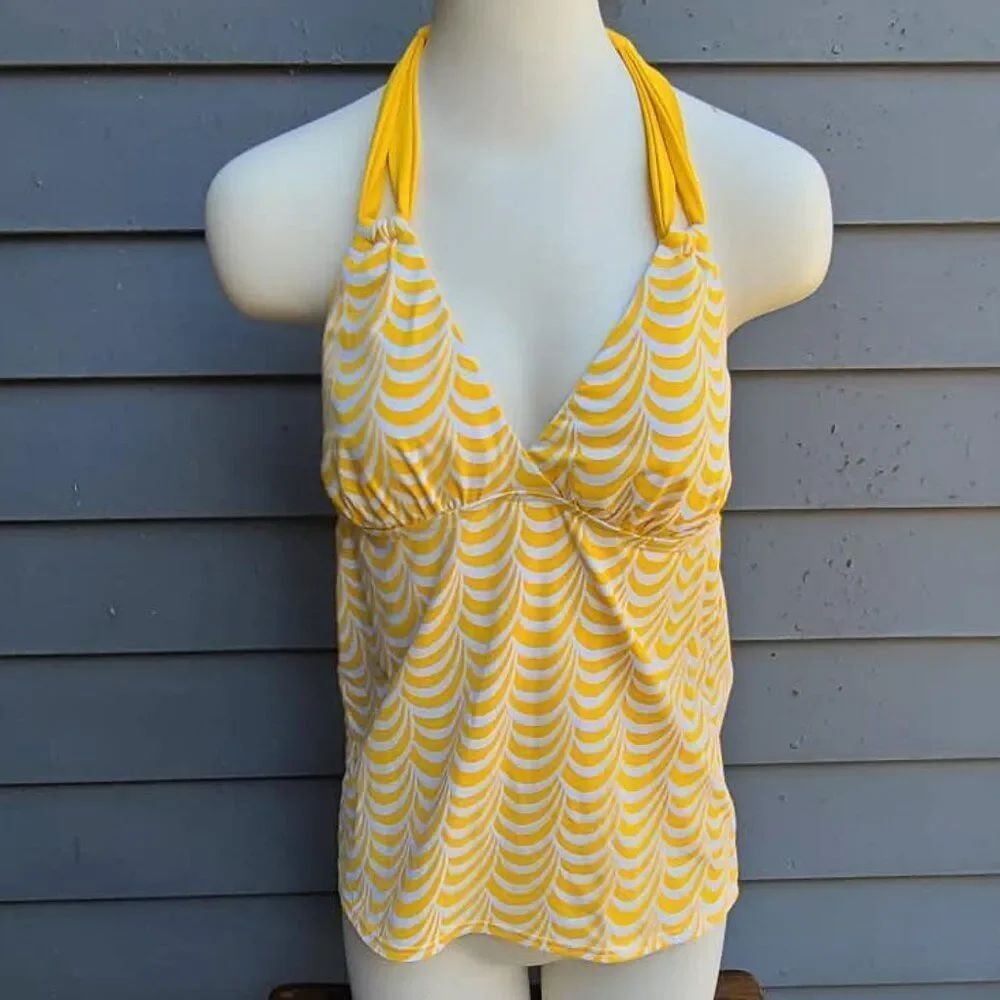 Lands End Yellow White Halter Swim Top with Built in Bras size 8L